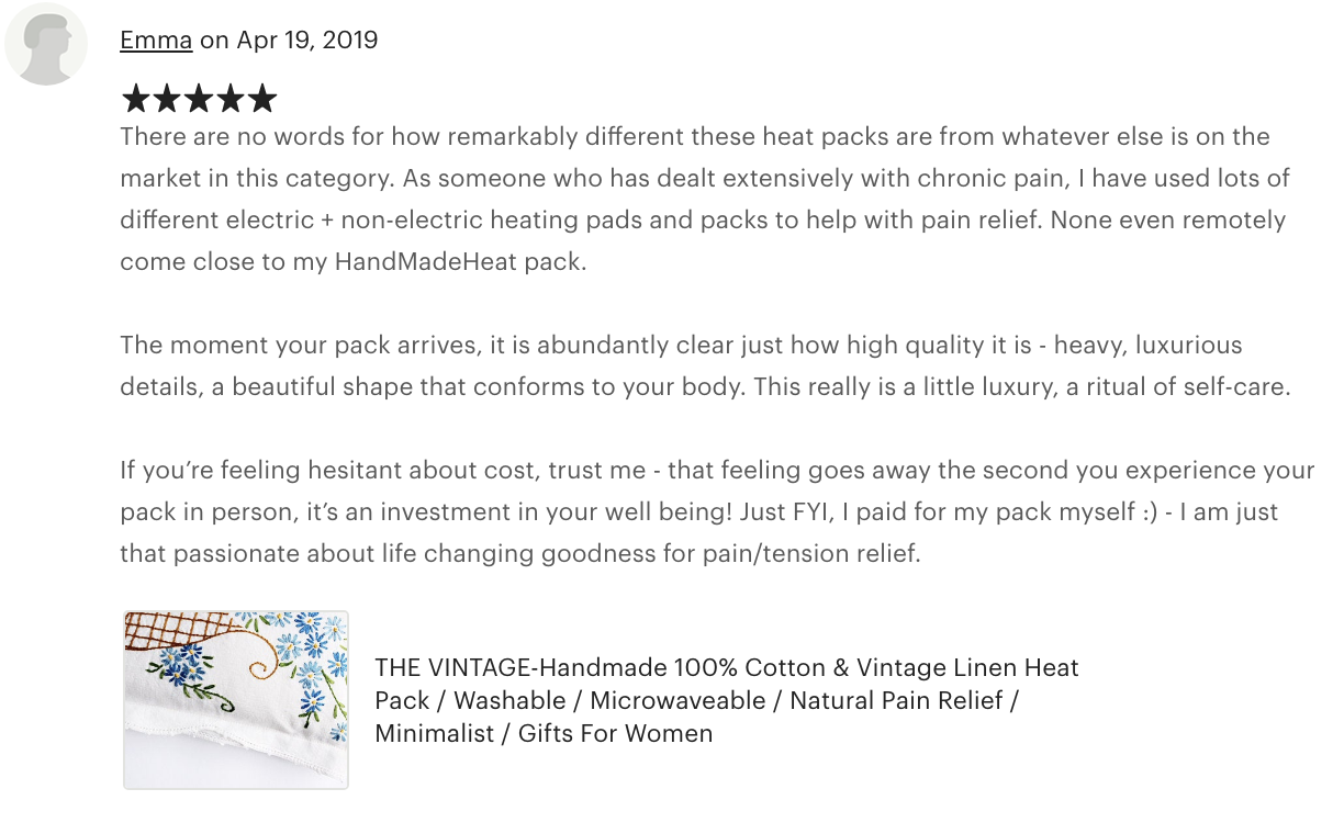 Handmade heat pack testimonial 